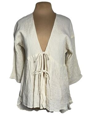 Paper Lace Gauze Crinkle Tie Front Boho Cardigan Jacket Cream One Size Large NWT